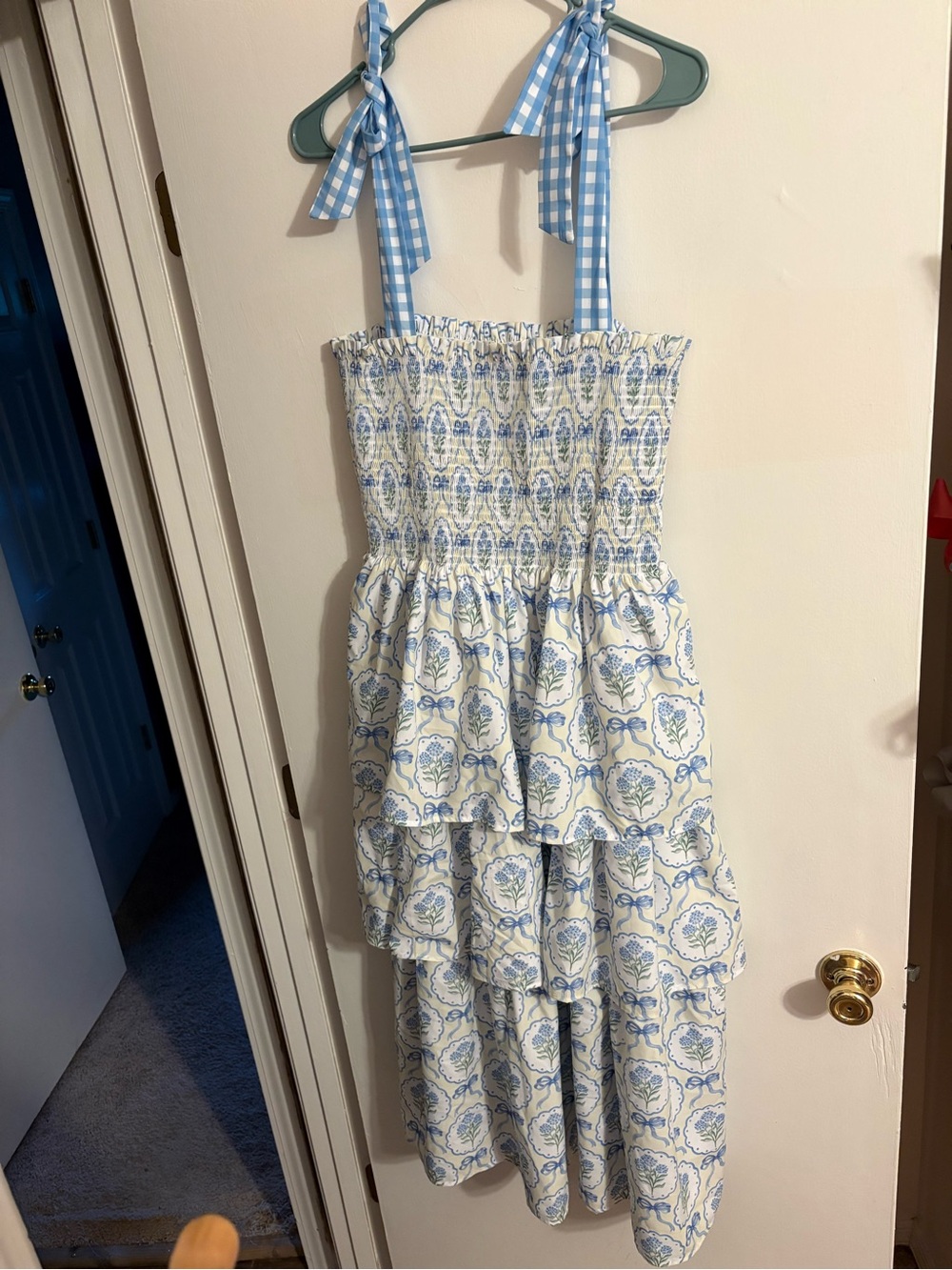 Blue and White Floral Tiered Tie-Shoulder Sundress